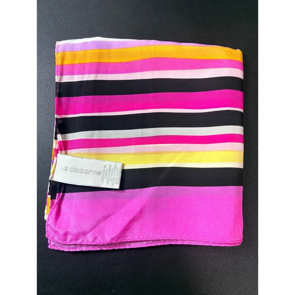 Liz Claiborne Silk Scarf Pink Yellow Black Striped Oblong Rectangular 56x13 - Picture 3 of 5